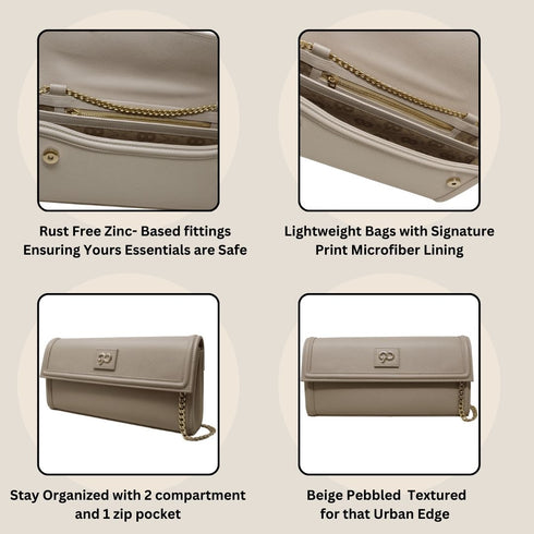 90 Feet Kaya Clutch Bag in Premium Genuine Leather (Beige)